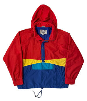 Vintage Mens L Blue Red Colorblock Anorak Hooded Windbreaker Snap Jacket Retro